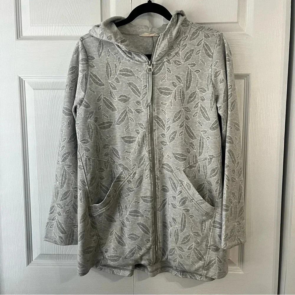 Soft Surroundings Sunday In Estrade Hoodie Gray Full Zip Knit Leaf Size Med